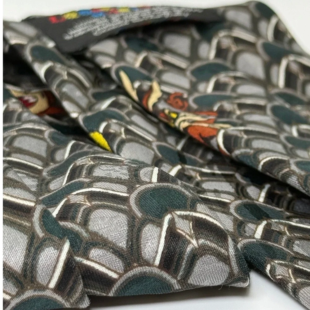 Looney Tunes Mania Tie OS Vintage 90s Bugs Bunny Daffy Duck Grey Geometric Retro
